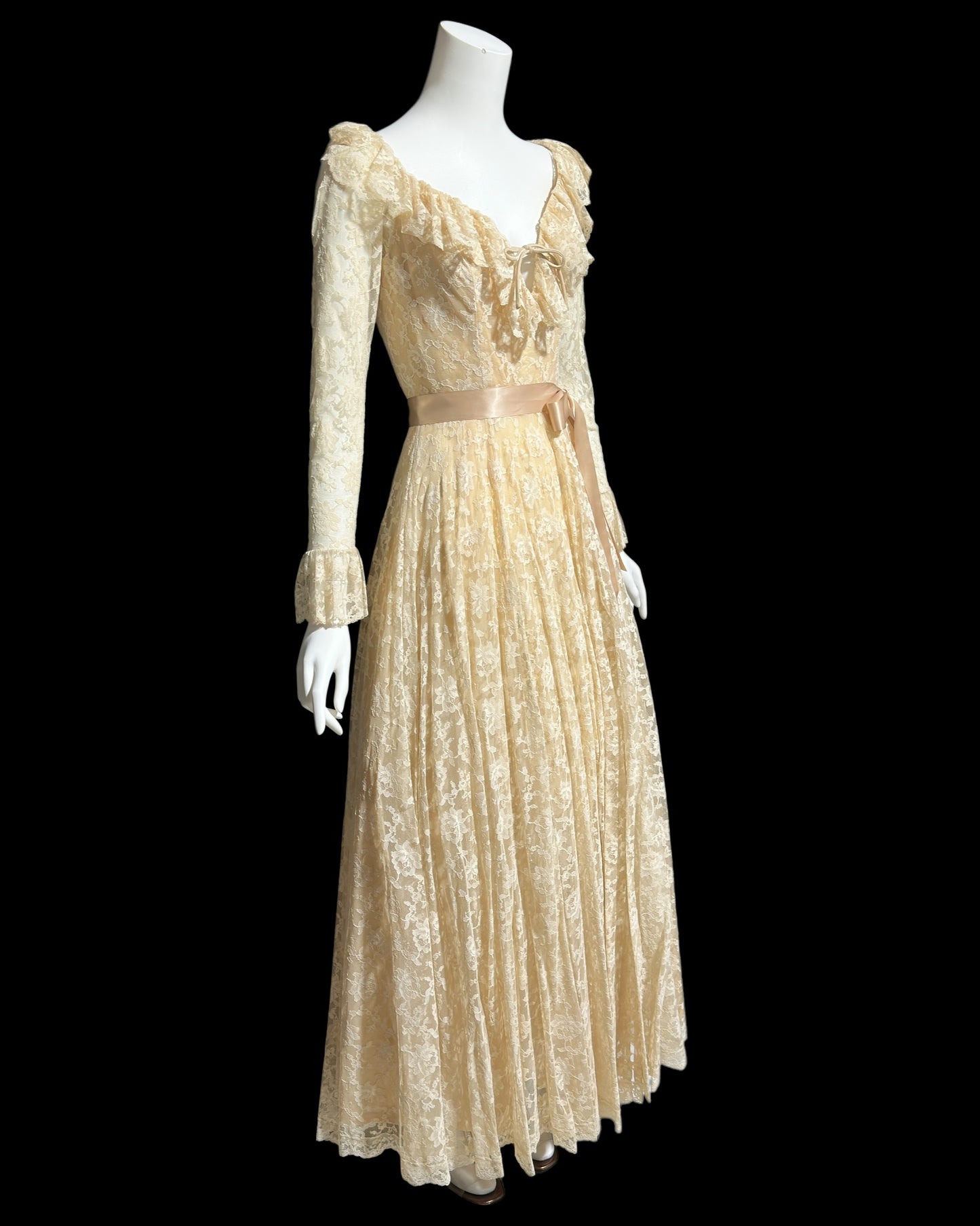 LES WILK 1970s vintage evening dress, lace beige ruffle deep V neckline full sweep wedding dress