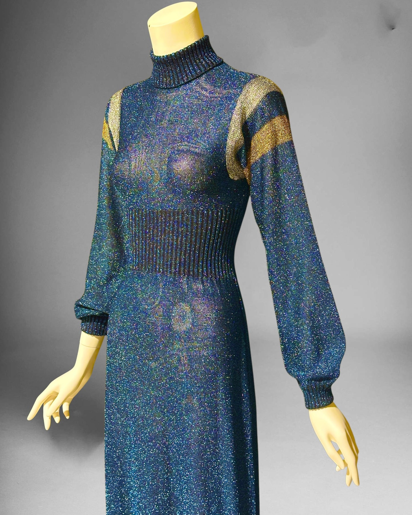 WENJILLI lurex maxi dress, 1970s vintage Blue Metallic Knit Maxi Dress Turtle Neckline