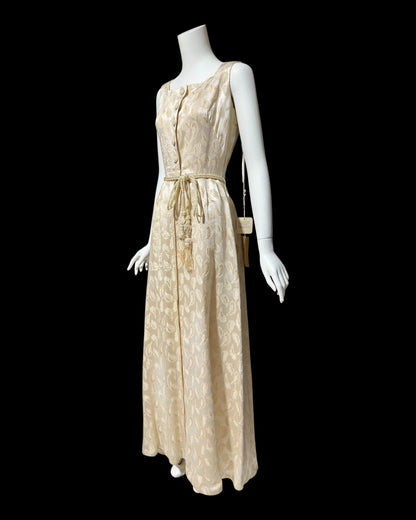 B. COHEN vintage 1940s silk dressing evening gown, house dress, ivory gold metallic feather button front