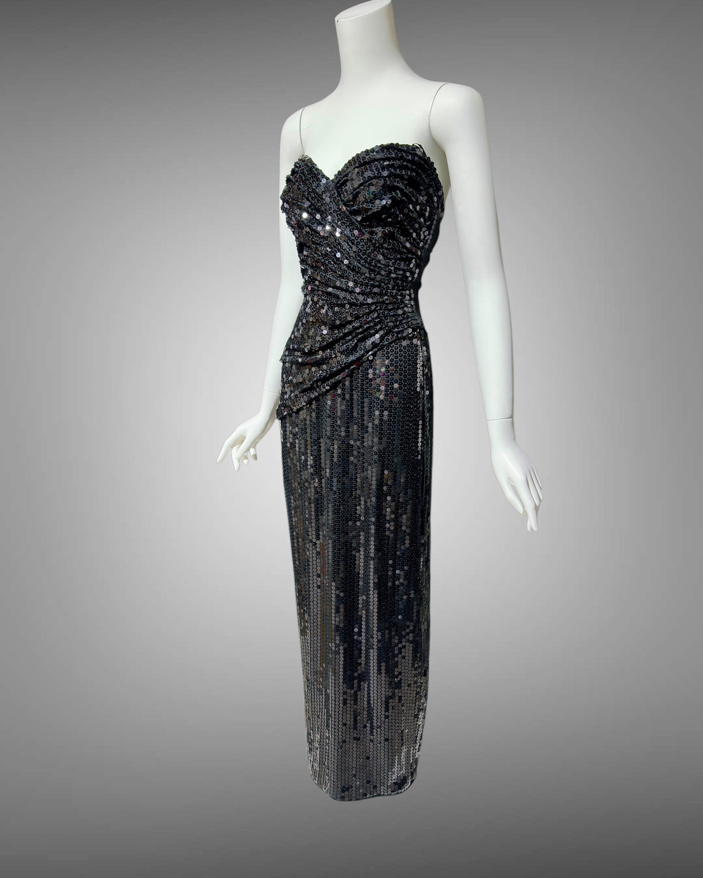 TADASHI vintage evening dress gown, 1980s all over black sequin, strapless ruched bodice