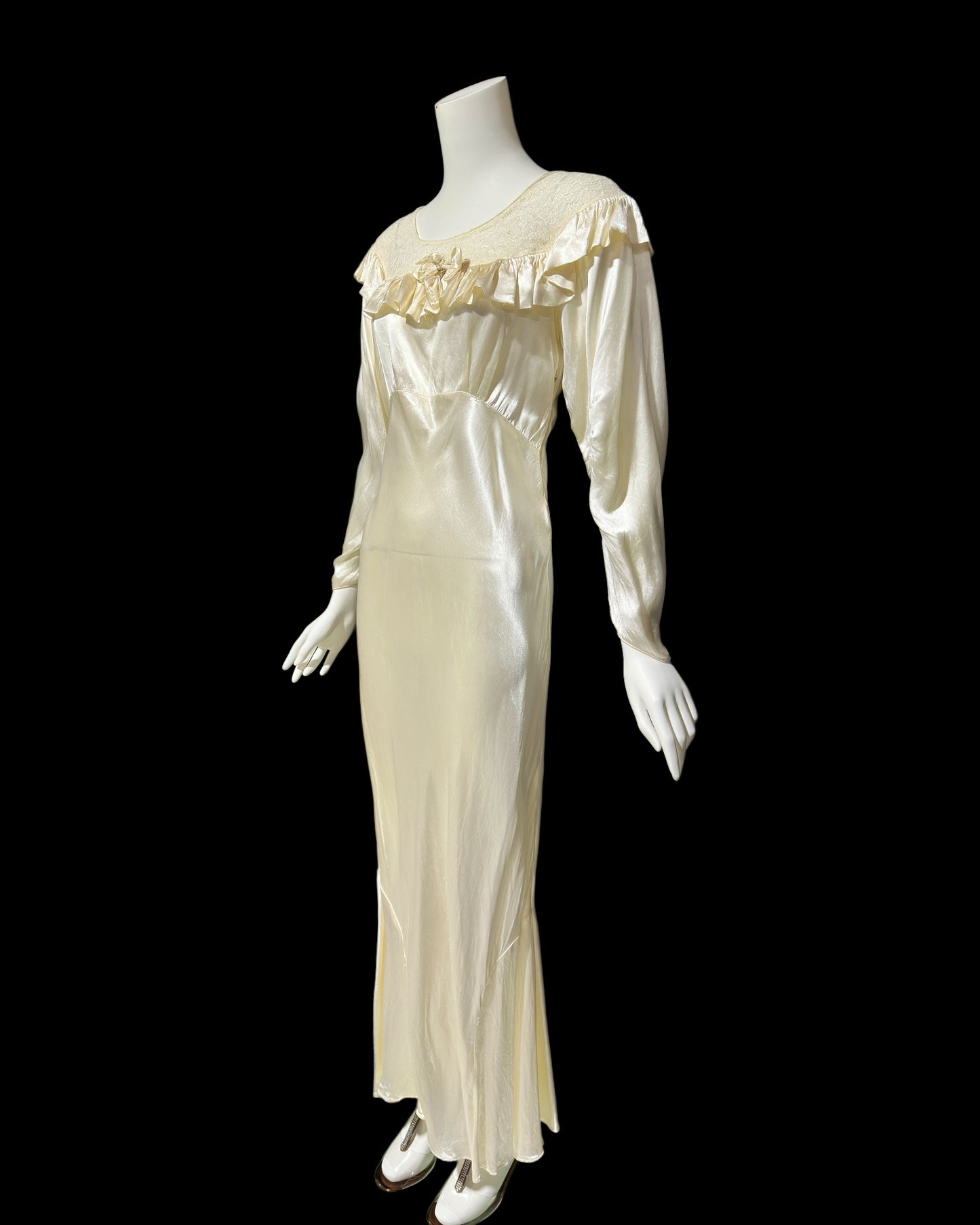 1930s vintage liquid satin wedding dress, shiny bias cut sheath bridal gown, full length gown with sleeves