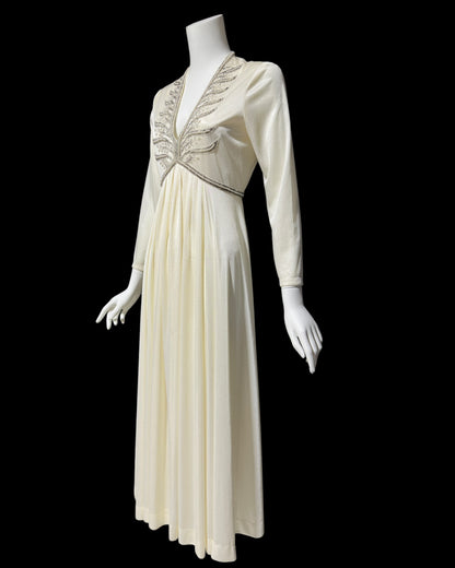 JACK BRYAN, vintage 1970s white jersey knit evening wedding dress with beaded bodice