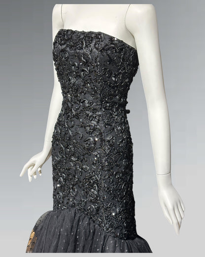 DAVID FIELDEN, 1980s Neiman Marcus, Black lace Mermaid sequin gown