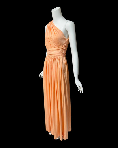 OLE BORDEN for Lillie Rubin, 1970s peach one shoulder evening gown, draped pleated grecian goddess gown