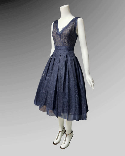 OLDRIC ROYCE by Tony Abate, vintage 1950s evening cocktail dress, navy organza fit and flare party dress