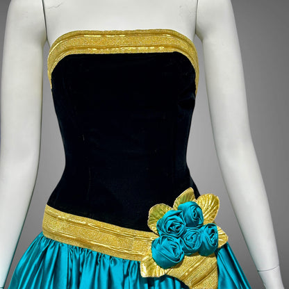 EUGENE ALEXANDER for Neiman Marcus, 1980s evening dress, black & teal rosette ball gown