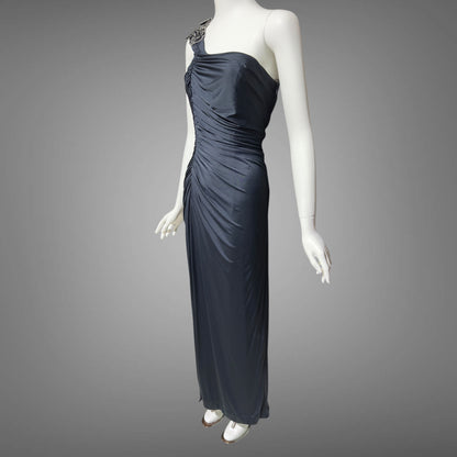 EUGENE ALEXANDER, vintage 1980s evening dress, Slinky Black sheath One Shoulder Grecian Goddess gown