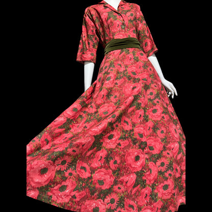 EVELYN PEARSON Lounging Apparel, vintage 1950s house dress, red and green floral cotton day dress