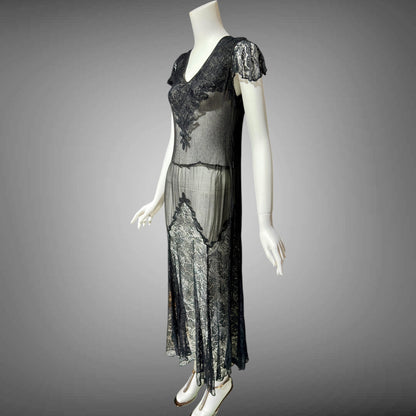 1930s vintage sheer black lace dress, wickedly sheer French lace sheath evening dress