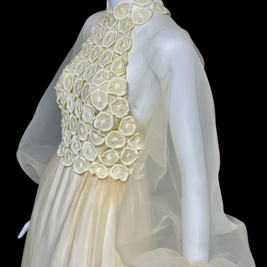 CYRELD PARIS, vintage 1970s yellow chiffon evening dress, WERLE Beverly Hills sheer bishop sleeves