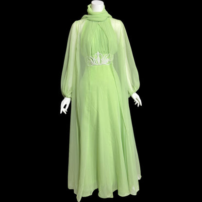 LILLIE RUBIN vintage 1970s green chiffon evening dress gown, Collection 700, matching scarf cape