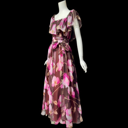 MIGNON New York, vintage 1970s floral Chiffon Maxi Dress, Chocolate Brown Hot Pink evening gown