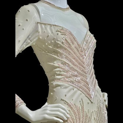 CARLOTA ALFARO, vintage 1980s evening gown, White pink beaded mermaid dress, ruffled bottom, illusion neckline