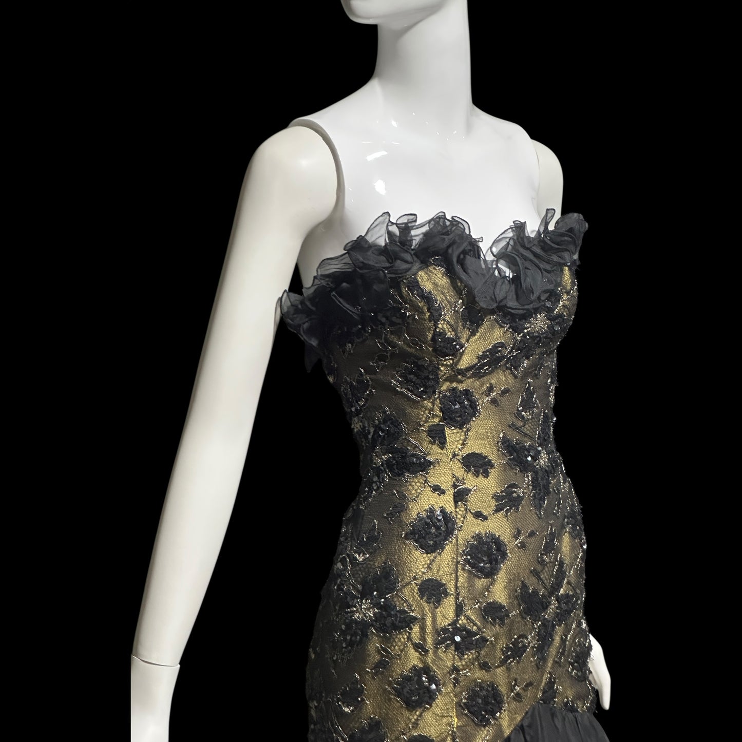 DAVID FIELDEN vintage 1980s evening dress, Party Dress, Black and Bronze All Silk Hi Low Ruffle dress
