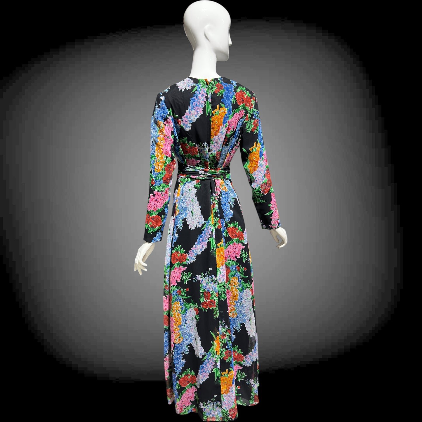 RAZOOK'S vintage 1970s evening dress, poly chiffon floral maxi dress