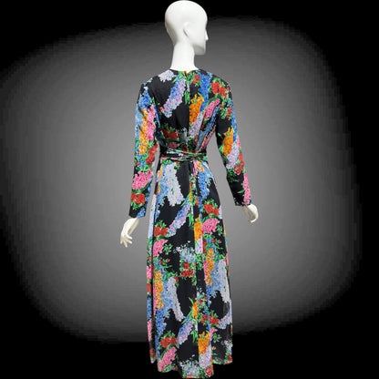 RAZOOK'S vintage 1970s evening dress, poly chiffon floral maxi dress