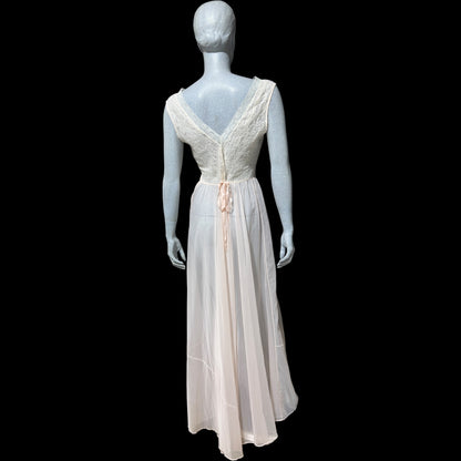 ODETTE BARSA vintage 1940s nightgown slip dress, Sheer pale pink with white lace full sweep Old Hollywood gown