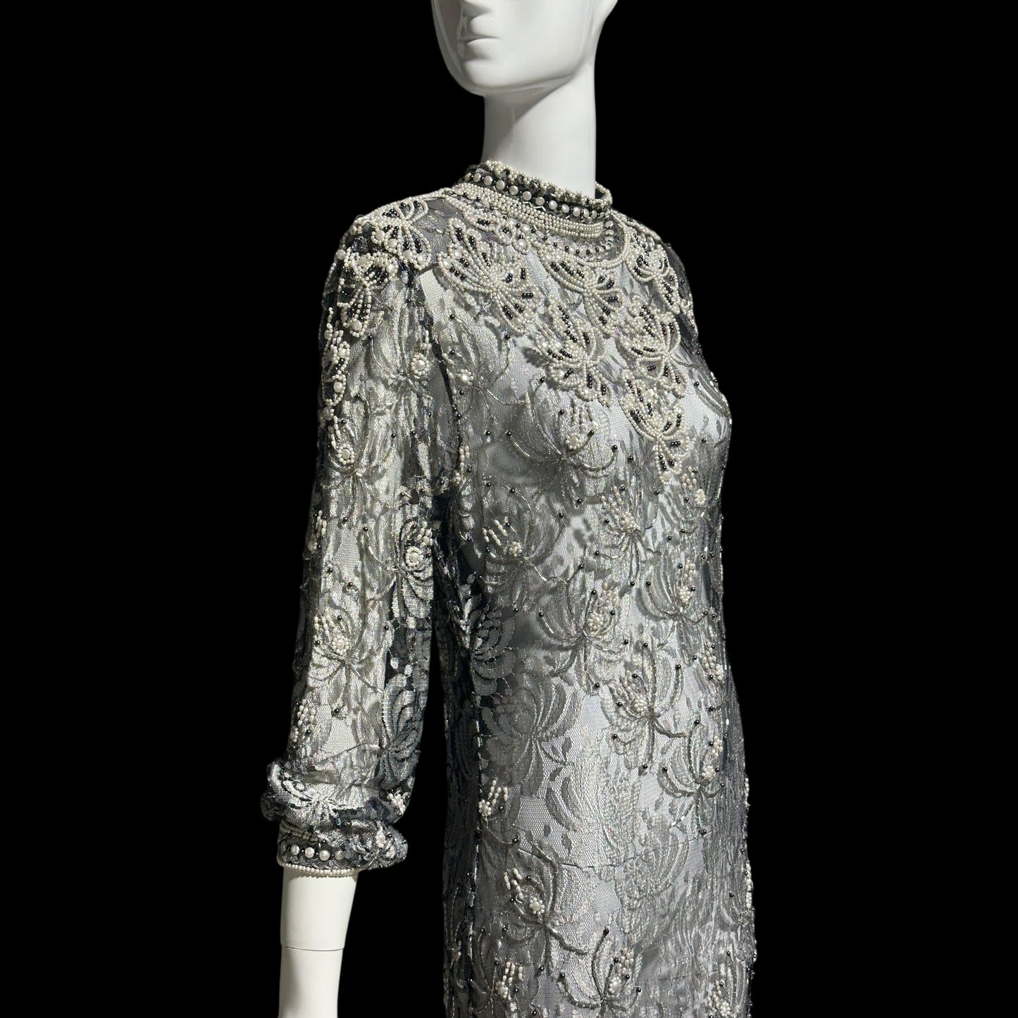 JUDITH ANN, Vintage 1980s sheer beaded dress, Black sheer mesh with beads, Hight neck with ruffle sheath cocktail party dress