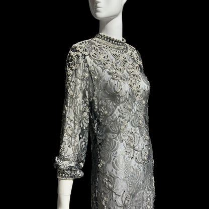 JUDITH ANN, Vintage 1980s sheer beaded dress, Black sheer mesh with beads, Hight neck with ruffle sheath cocktail party dress