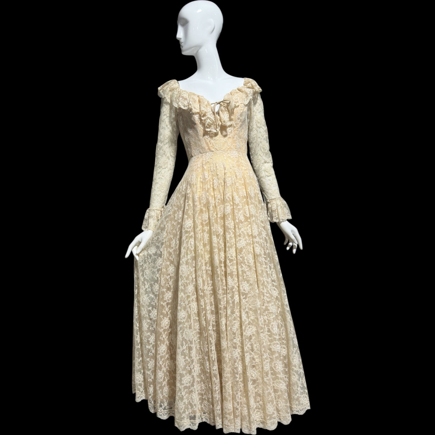 LES WILK 1970s vintage evening dress, lace beige ruffle deep V neckline full sweep wedding dress