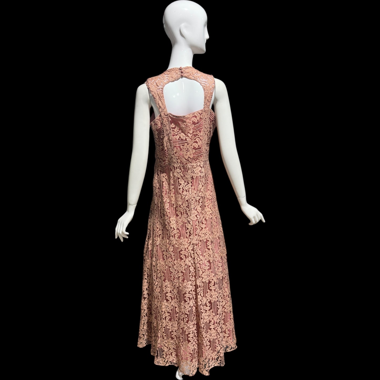 1930s vintage evening dress, Dusty pink lace sheath gown, fully lined