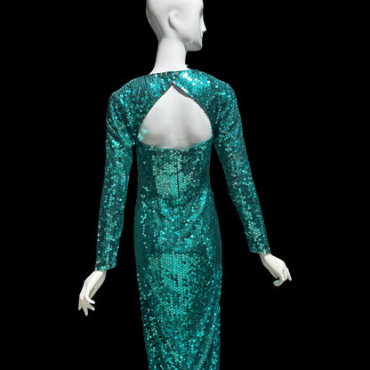 OLEG CASSINI vintage 1980s bodycon sequin evening gown, Mermaid teal green sheath gown with open back