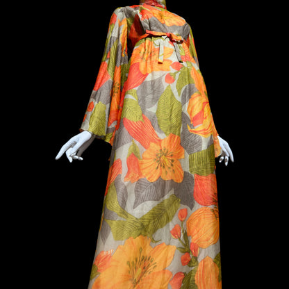 BOB BUGNAND Sam Friedlander,  Martha Weathered, vintage 1970s evening dress, Orange floral angel sleeves