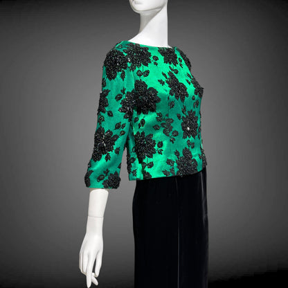SAKS FIFTH AVE 1960s vintage evening dress, Beaded Black Velvet Green Satin 2 piece long dress