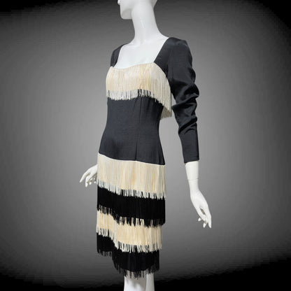TRAVILLA vintage evening cocktail dress, 1960s black white fringed mod party dress