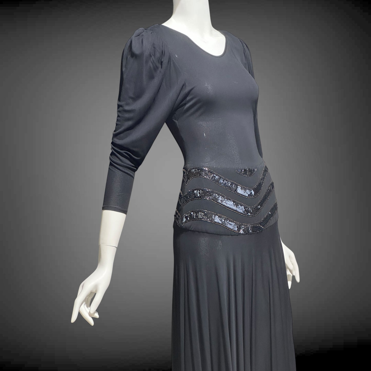 SAKS FIFTH AVENUE Made in England, 1970s evening dress, black jersey knit and sequins