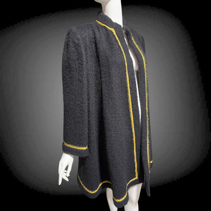 TRIGERE 1980s mohair swing coat, for SAKS 5th Ave Black mohair gold metallic cord