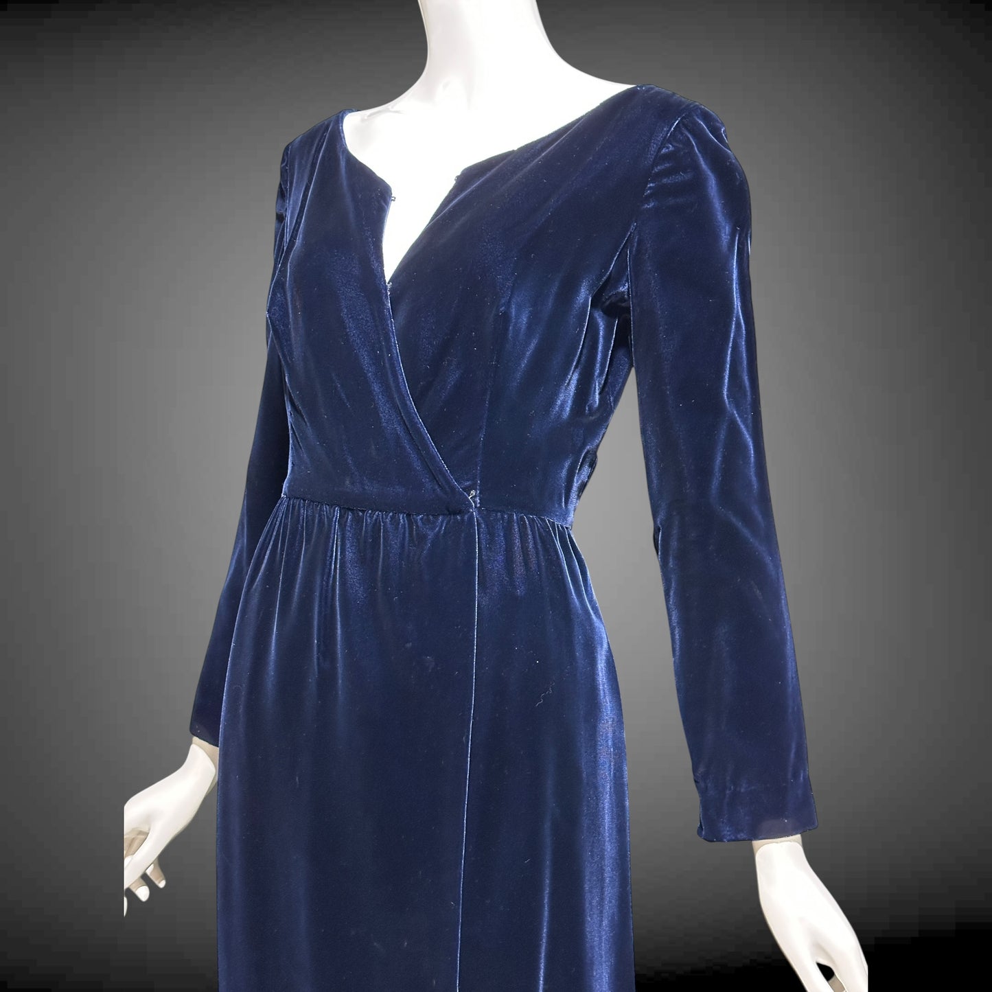 MOLLIE PARNIS vintage 1960s blue velvet wrap evening dress, Morty Sussman