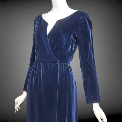 MOLLIE PARNIS vintage 1960s blue velvet wrap evening dress, Morty Sussman