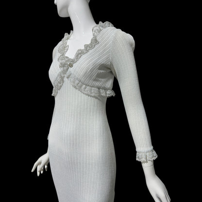 1970s vintage bodycon knit evening dress, Silver Metallic Lurex Sheath Maxi Dress