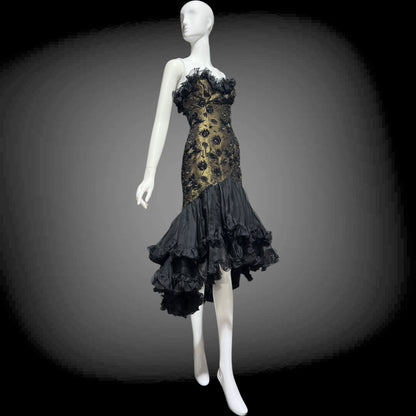DAVID FIELDEN vintage 1980s evening dress, Party Dress, Black and Bronze All Silk Hi Low Ruffle dress