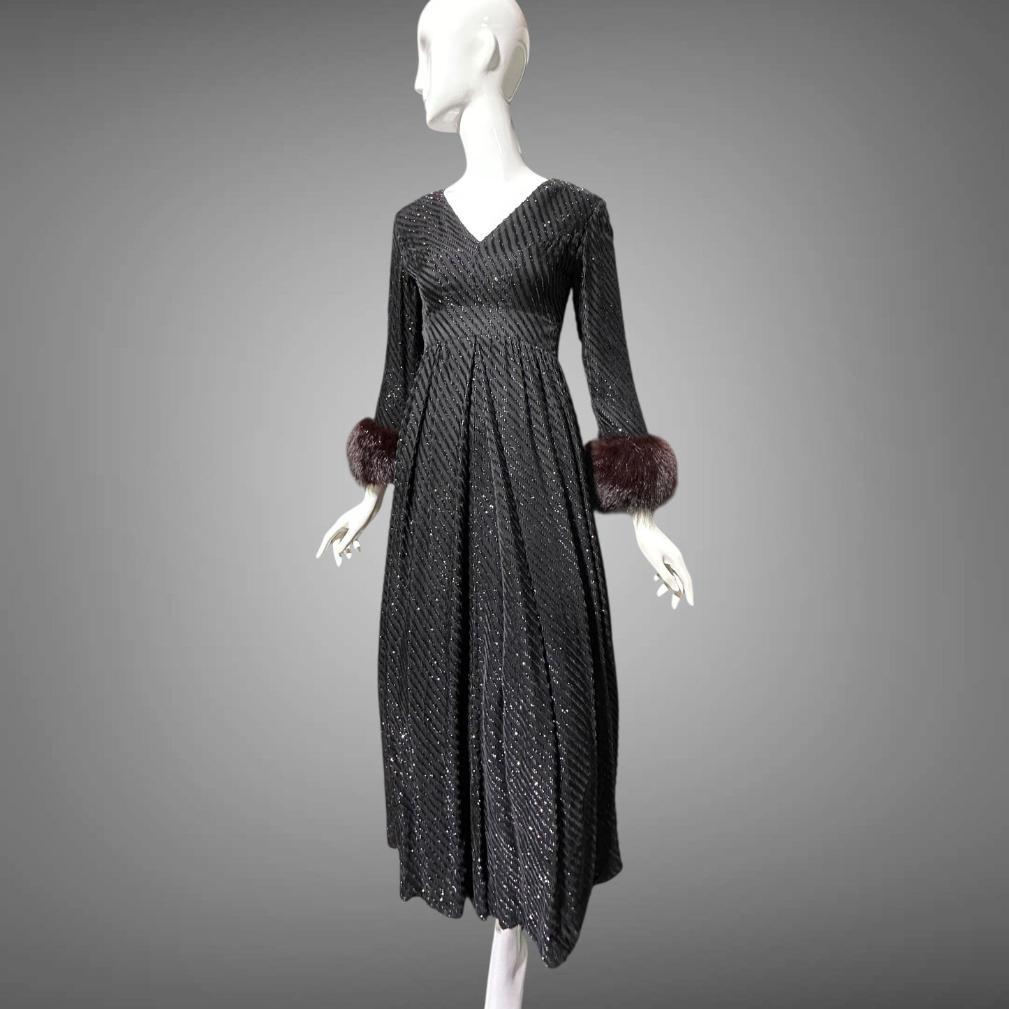 LILLIE RUBIN Vintage 1970s evening gown, Black eye lash Sparkly Gown with Fur Cuffs