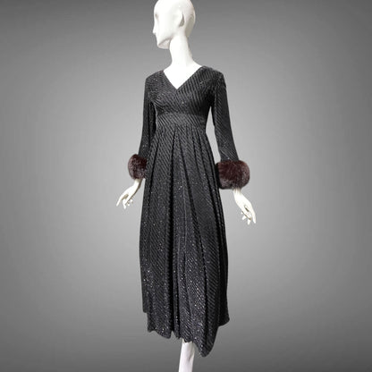 LILLIE RUBIN Vintage 1970s evening gown, Black eye lash Sparkly Gown with Fur Cuffs