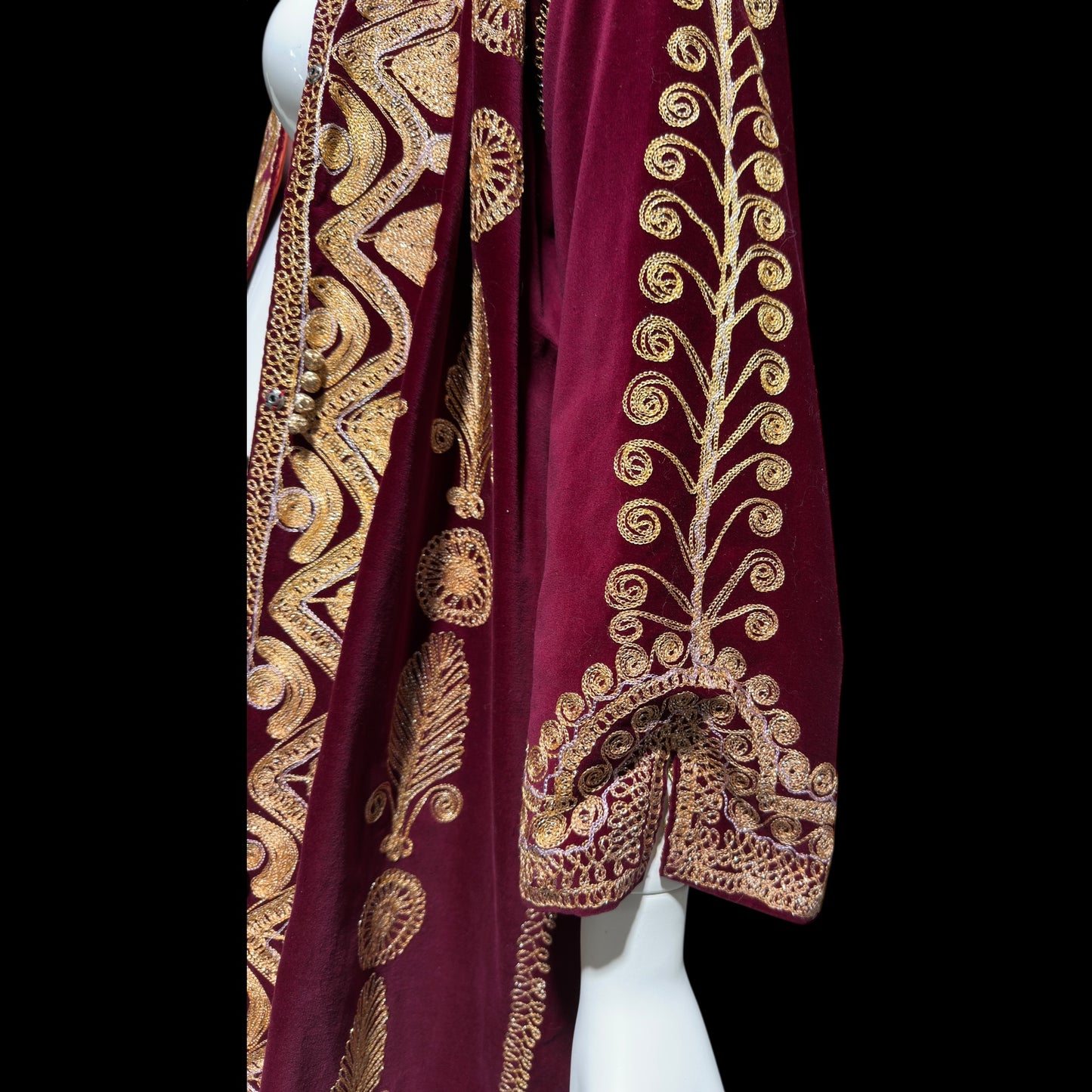 PROFILS du MONDE vintage Embroidered Moroccan kaftan,  1960s evening maxi coat dress, Beverly Hills Ruby Red velvet gold metallic