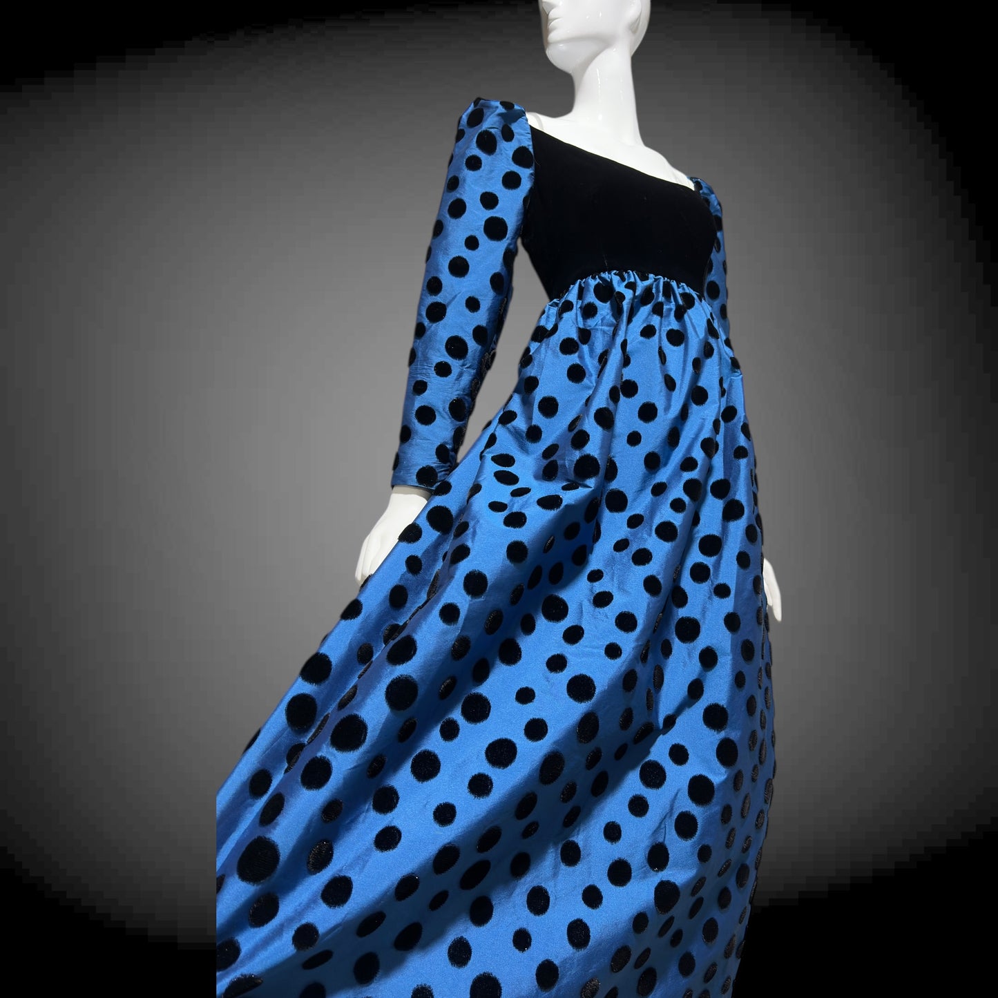 ADELE SIMPSON vintage 1960s evening dress, steel blue taffeta with black velvet flocked polka dots