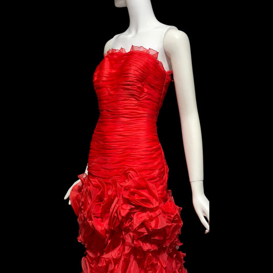 BELLVILLE SASSOON Lorcan Mullany, vintage 1980s evening dress, Red mermaid sheath gown, strapless tiered ruffles with matching bolero