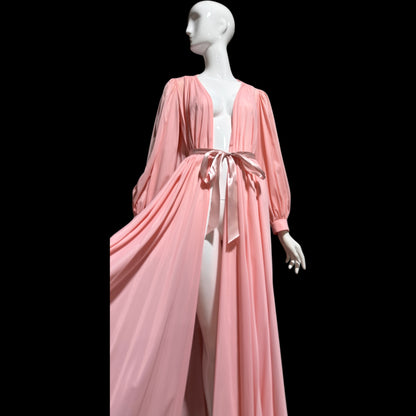 CLAIRE SANDRA Lucie Ann, vintage 1960s dressing gown robe, pink hostess dress peignoir, grecian goddess house dress