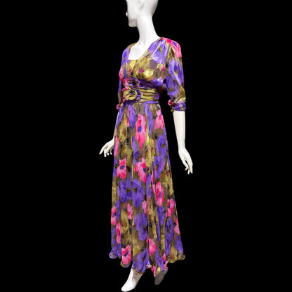 FRANK USHER LONDON, vintage 1970s evening dress, jewel tone floral chiffon with gold metallic