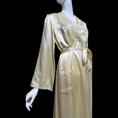 PEONY vintage 1950s dressing gown robe, 100% silk creamy white embroidered robe house coat
