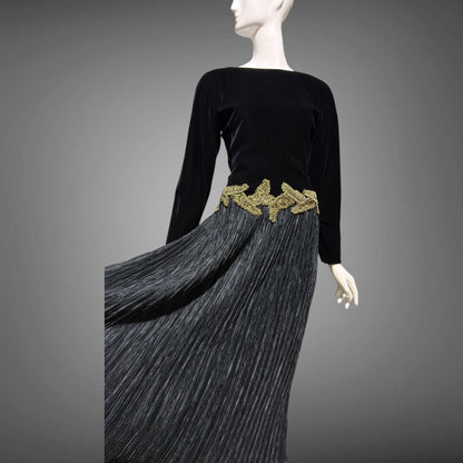 MARY MCFADDEN vintage evening dress, 1980s Designer Glam Black velvet plisse cocktail party dress