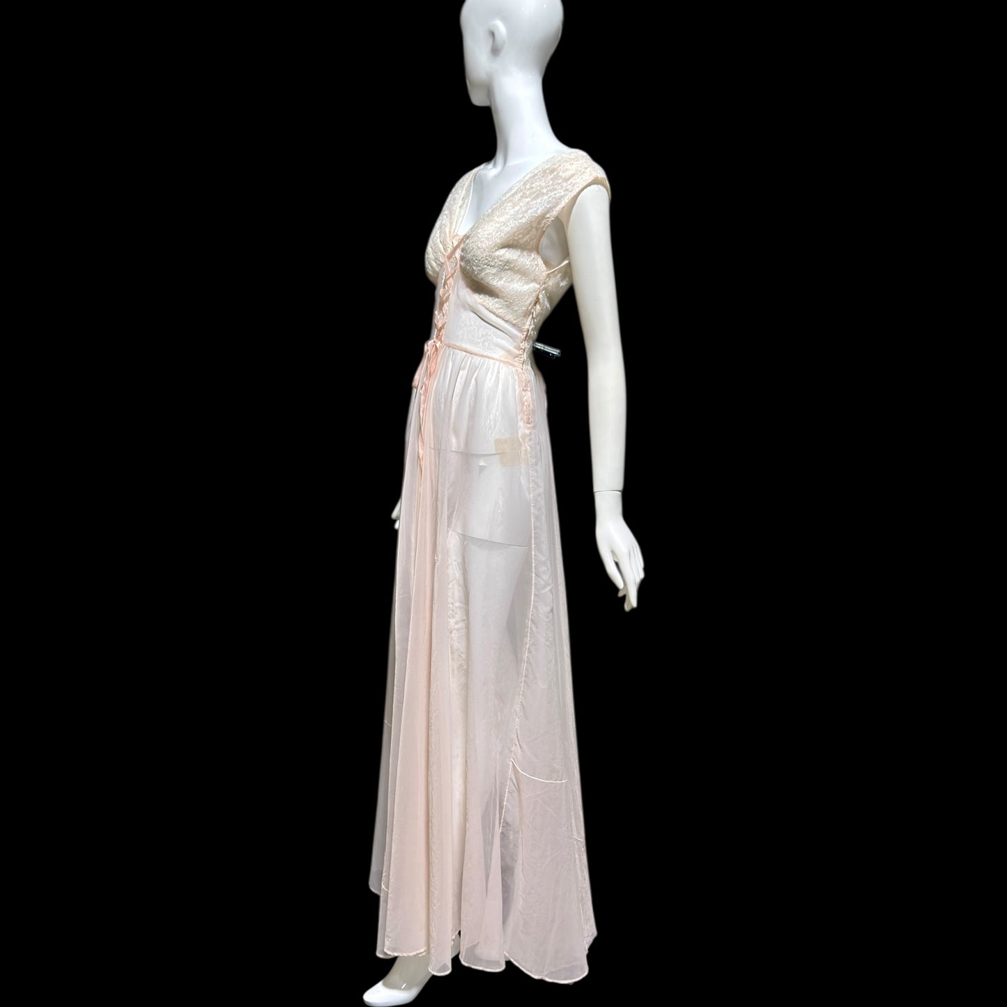 ODETTE BARSA vintage 1940s nightgown slip dress, Sheer pale pink with white lace full sweep Old Hollywood gown