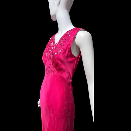 PEONY vintage 1950s Silk Nightgown Slip Dress: Made in SHANGHAI Embroidered Magenta bias cut gown