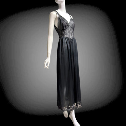 Rogers vintage 1950s Black Lace Nylon Nightgown Lingerie Slip Dress