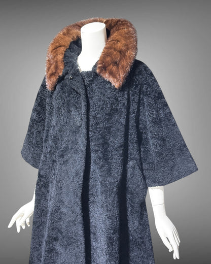 LILLI ANN 1950s vintage swing coat, Black boucle evening swing coat with mink collar