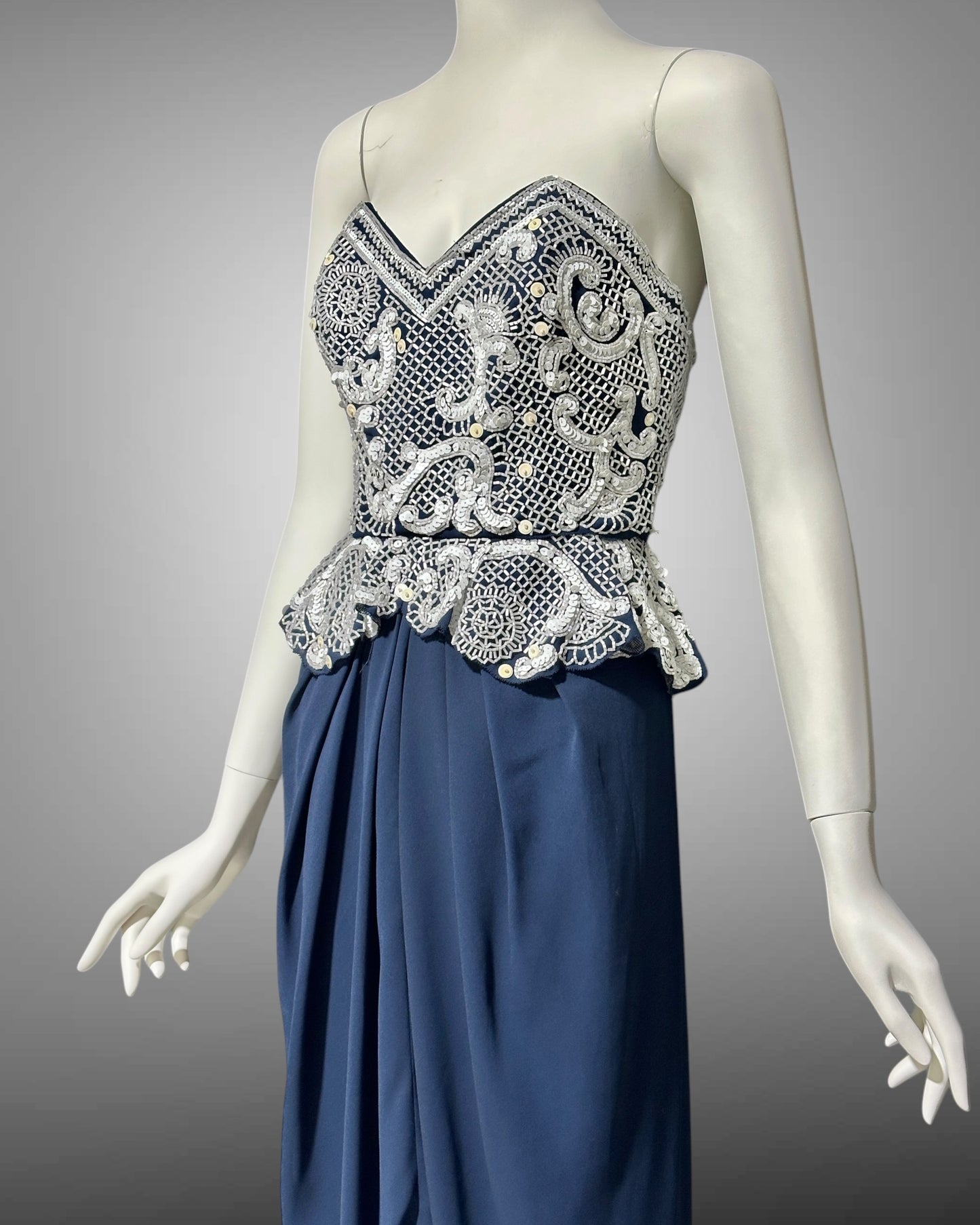 FABRICE SILHOUETTE 1980s vintage evening dress, Navy Blue and white beads and sequins strapless peplum formal gown