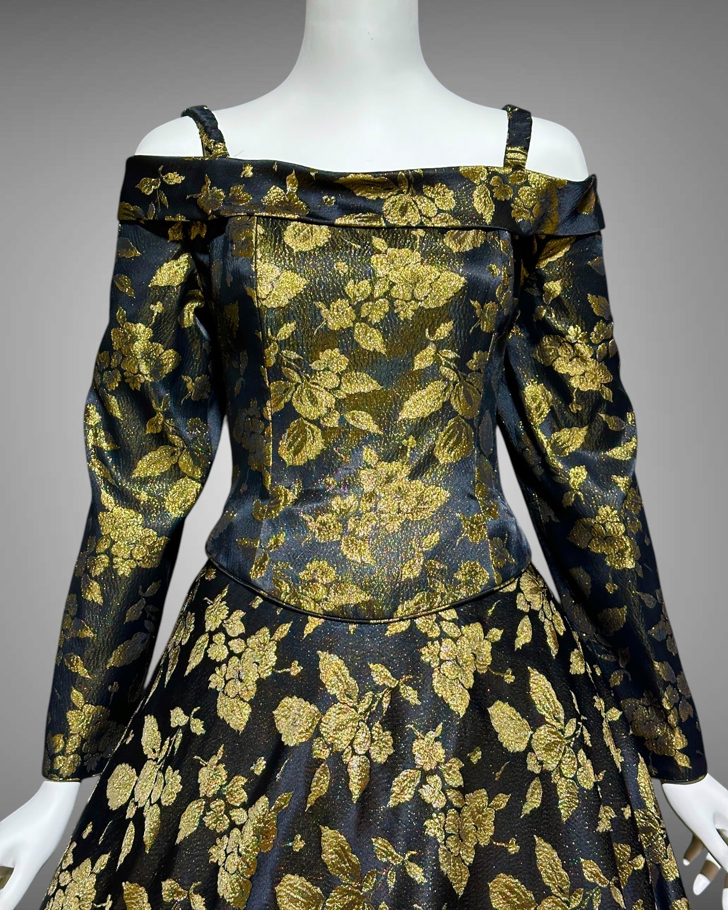 CHRIS KOLE 1980s vintage evening dress, Black and gold damask, long sleeve off the shoulder ball gown